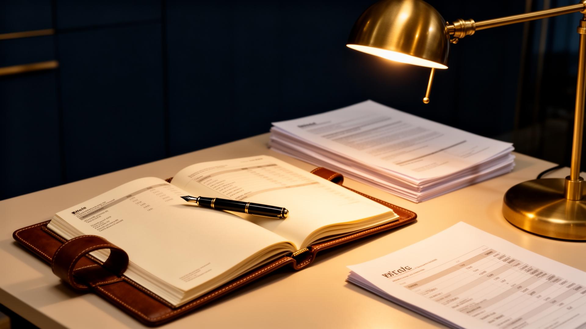 A leather ledger, fountain pen, and financial reports on a desk illuminated by a brass lamp.